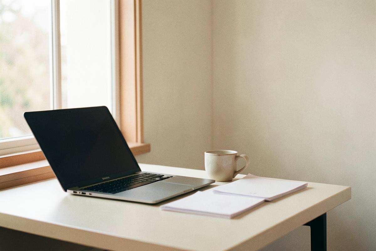 Werkplek met laptop en papier bij daglicht