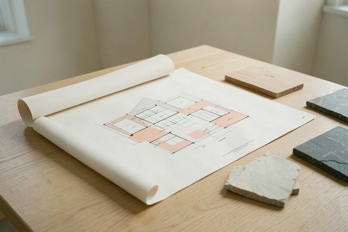 Bouwtekening en materiaalstalen op een eiken werktafel